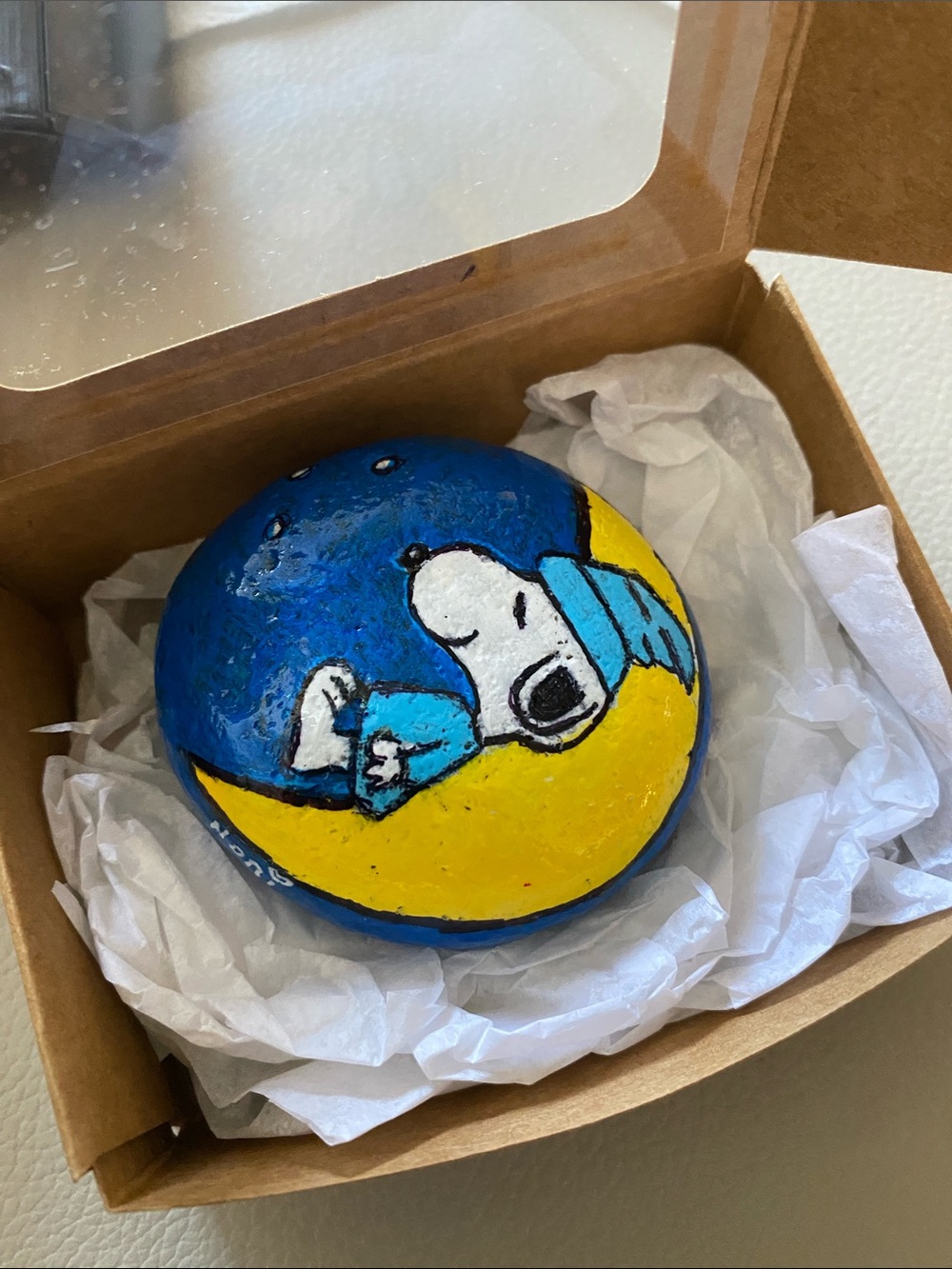 Rock Art Hand-Painted Snoopy sleeping on the moon Rock